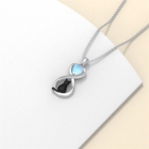 Sterling Silver Birthstone Infinity Black Cat Pendant  Necklace