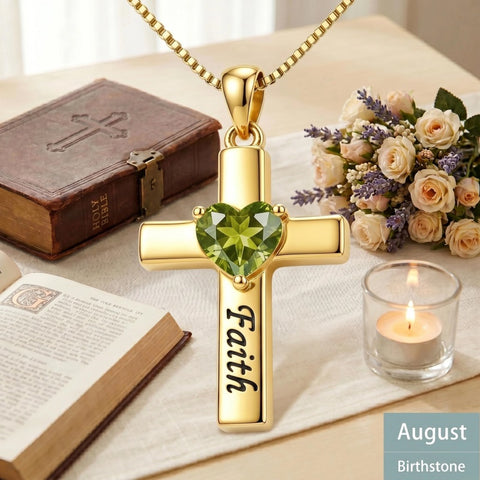 14K Gold Plated Heart Birthstone Cross Necklace for Women Engraved with Faith