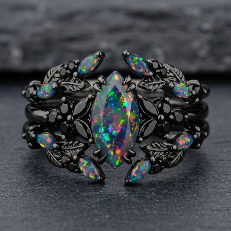 Sterling Silver 10K  14K  18K  Gold Personalized Engraved Black Opal Engagement Wedding Promise Ring for Her