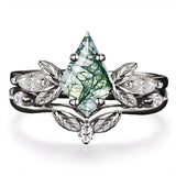 Sterling Silver 2CT Moss Agate  Engagement Wedding Ring Sets for Women