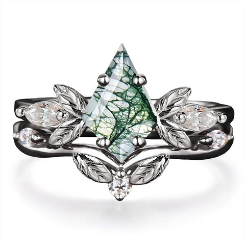 Sterling Silver 2CT Moss Agate  Engagement Wedding Ring Sets for Women
