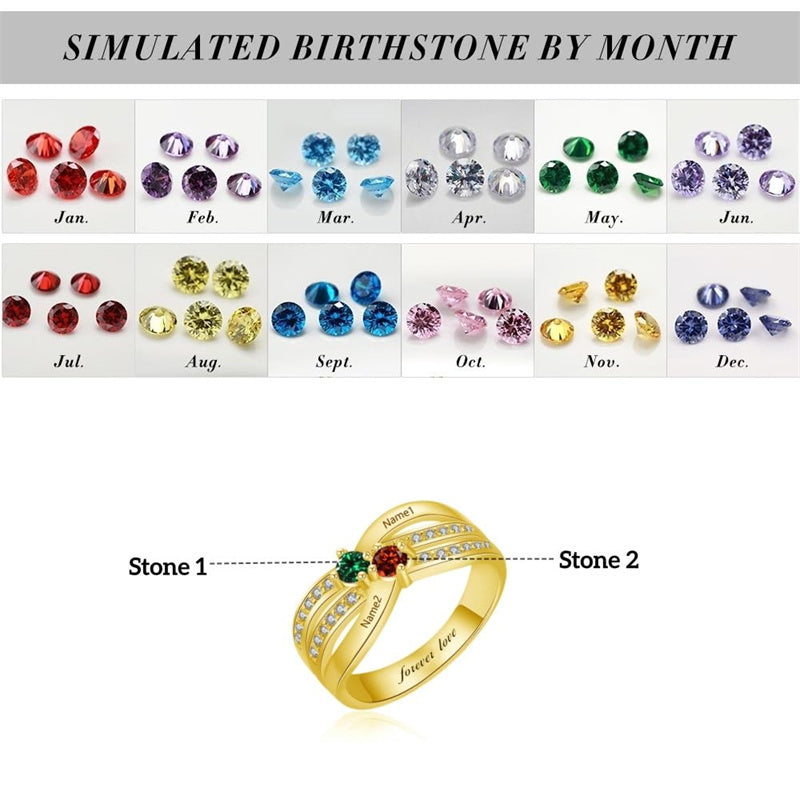 10K 14K 18K Gold Personalized 2 Birthstones Engraved Ring Mother's Day Gift