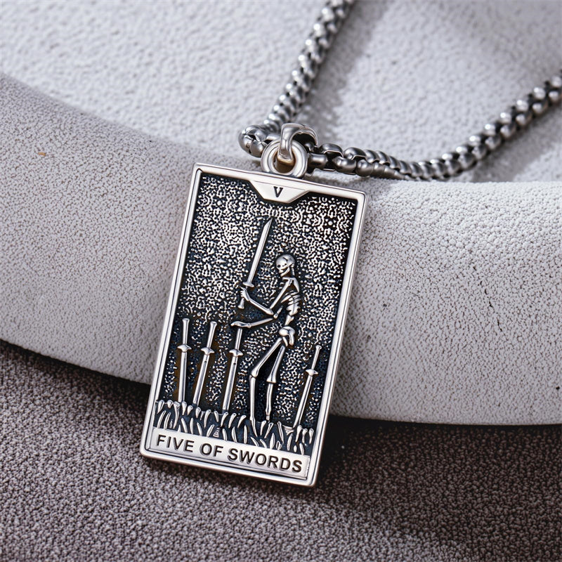 Sterling Silver Lovers Hierophant Magician Three of Swords Wheel of Fortune SkeletonTarot Card Pendant Necklace