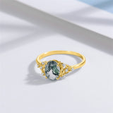 Solid 14K Real Gold Green Moss Agate Engagement Ring Promise Bridal RingWedding Bands Natural Moss Agate Ring for Women