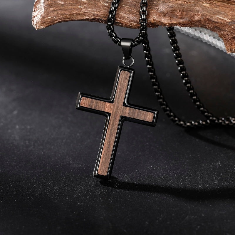 14K Gold Plated Wooden Cross Necklace for Men with Stainless Steel Adjustable Chain