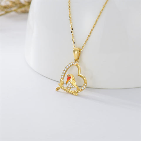 14K Gold Robin Bird Necklace for Women Mom, Solid Gold Heart Pendant with Mocking Bird Mothers Day Gift for Wife Girlfriend Her 16''+1''+1''