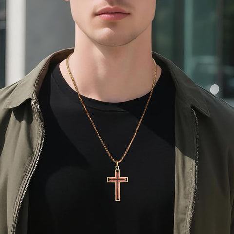14K Gold Plated Wooden Cross Necklace Jewelry Gift for Him