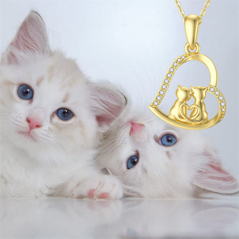 14K Gold 5A Cubic Zircon Cat Heart Pendant Necklace