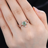 Sterling Silver 2CT Heart Green Moss Agate Wedding Engagement Ring Set for Women