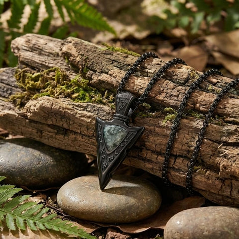 14K Gold Plated Moss Agate Turquoise Valknut Viking Arrow Head Pendant Necklace for Men