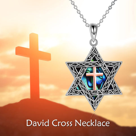 Star of David Necklace Sterling Silver Cross/Chai/Peace Sign/Tree of Life Abalone Shell Jewish Jewelry for Women Men