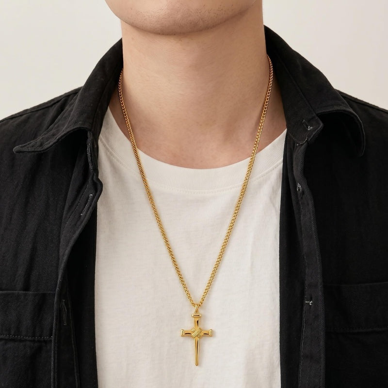 Cross Pendant Necklace for Men 14K Gold Plated Minimalist Christian Jewelry Religious Gift