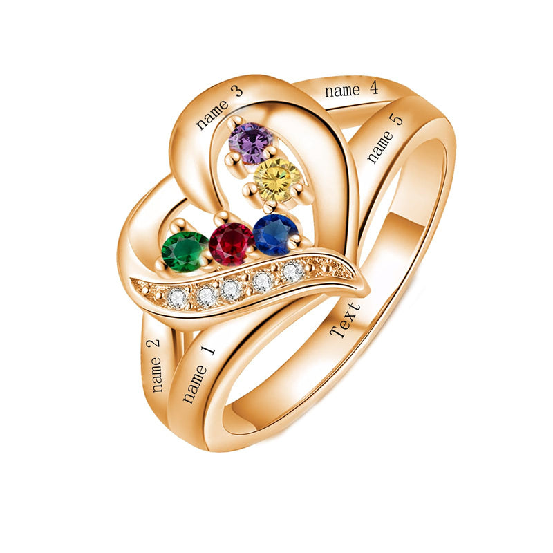 10K 14K 18K Gold Personalized 1-6 Stones Engraved Heart Mother Ring for Mother's Day