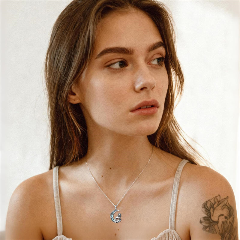 Sterling Silver Moonstone Wolf Cat Koala  Lion Moon Pendant Necklace