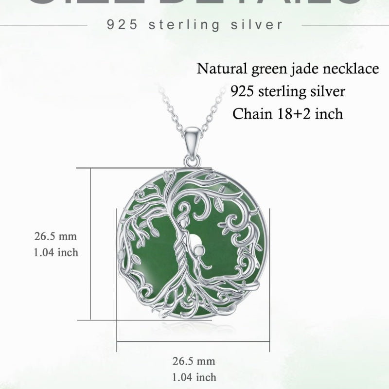 14k Gold Plated Sterling Silver Round Jade Tree of Life Necklace Good Fortune Jewelry for Women