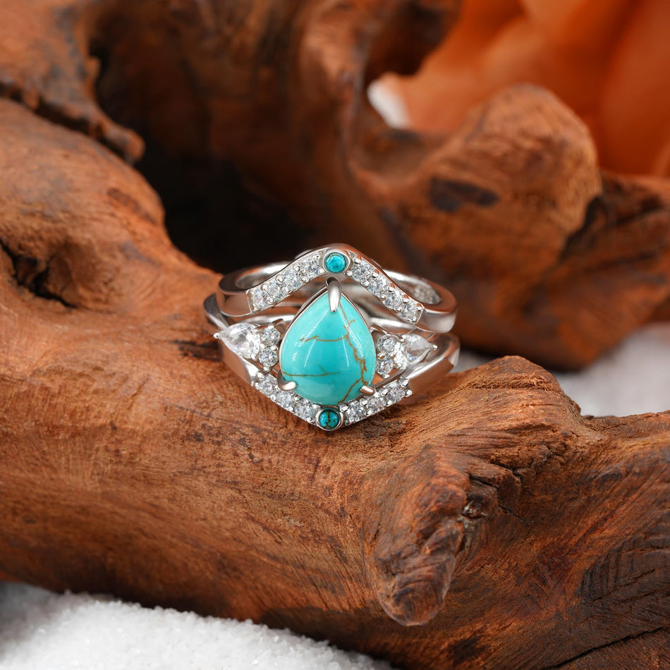 Sterling Silver Genuine Turquoise Engagement Wedding Ring Set for Women