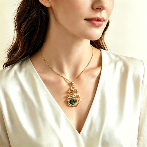 14K Gold Plated Heart Birthstone Anchor Necklace Engraved with Hope Faith Love