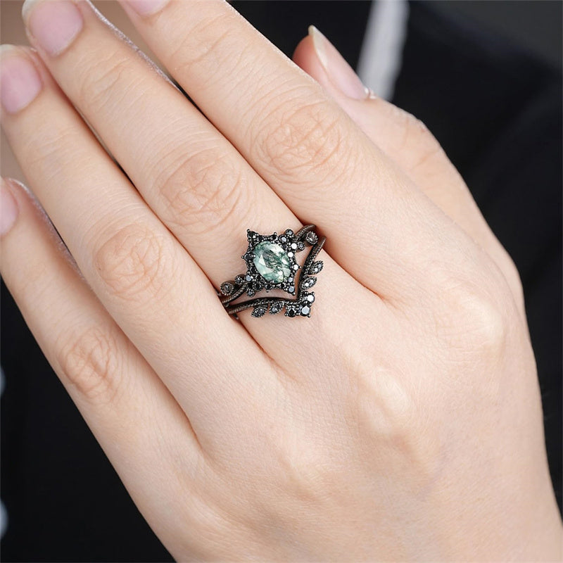 Sterling Silver 10K 14K 18K Gold Vintage Nature Moss Agate Engagement Ring Sets for Women