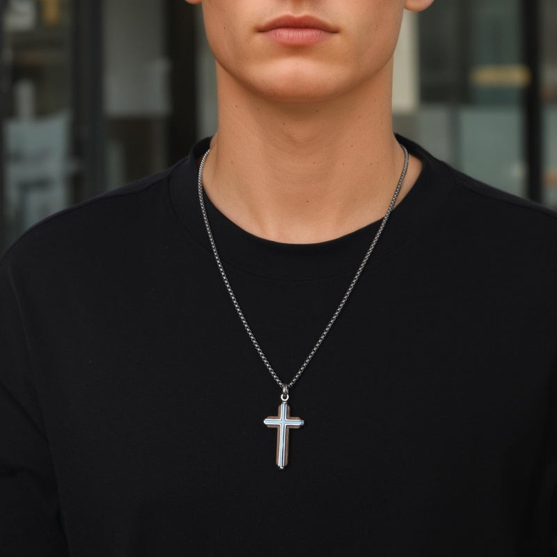 14K Gold Plated Wooden Abalone Shell Cross Pendant Necklacefor Men