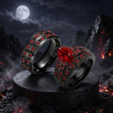 Sterling Silver 10K 14K 18K Gold Personalized Engraved  Halloween Dark Red Gemstone Couple Ring Set