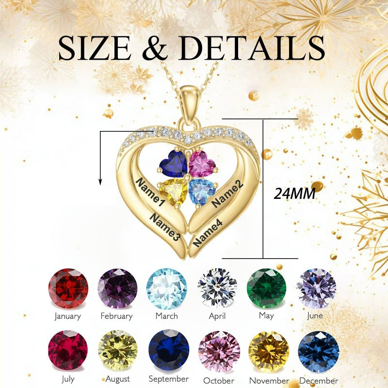 14K Gold Plated Personalized 1-5 Heart Birthstone Names Necklace  for Women