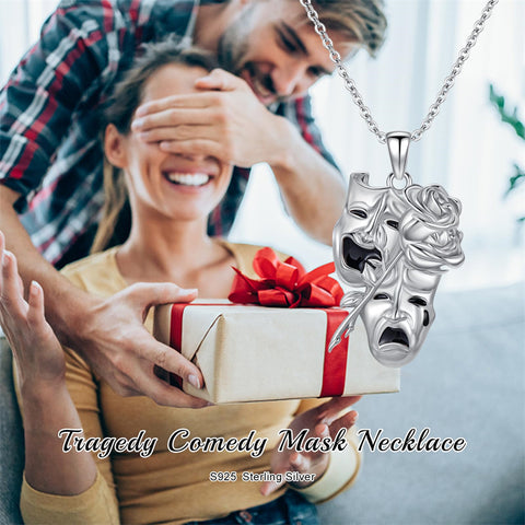 Sterling Silver Tragedy Comedy Mask Drama Theater Pendant Face Pendant Necklace
