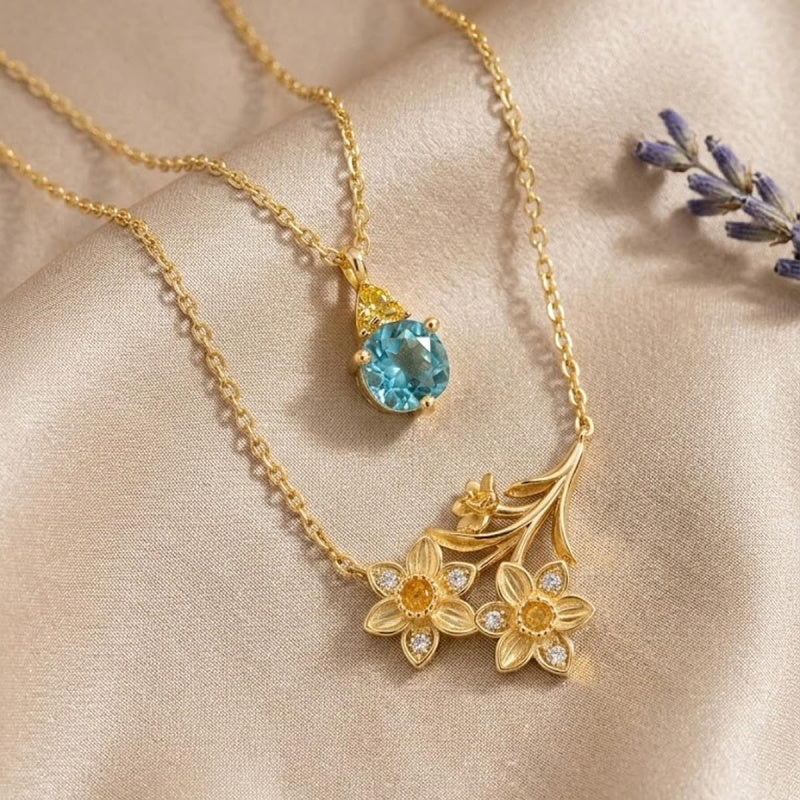 14K Gold Birthstone Birth Flower  Pendant Necklace Birthday Jewelry Gifts for Women
