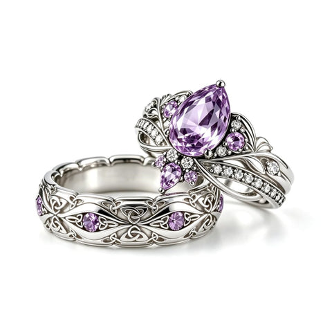 Sterling Silver 10K 14K 18K Gold Purple Gemstone Amethyst  Rings Set Couple Promise Rings Wedding Anniversary Rings