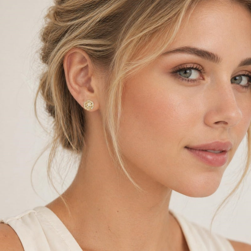 14K Gold Plated Cubic Zirconia Trendy Flower-Shaped Stud Earrings for Women