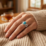 Sterling Silver Personalized Engraved 1-3CT Turquoise Engagement  Wedding Promise Ring Set for Her