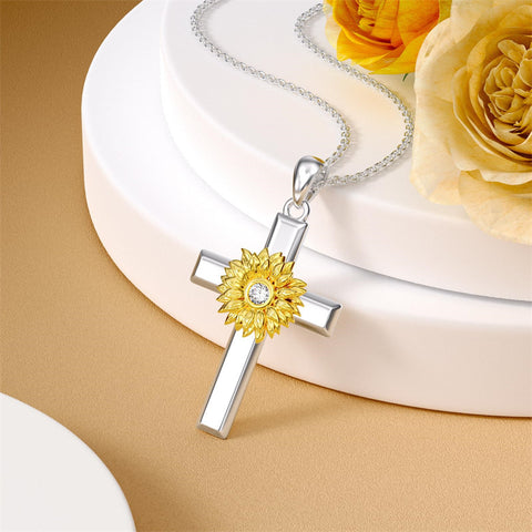 Sterling Silver Lion Semicolon Rose Sunflower Cross Pendant Religious Necklace