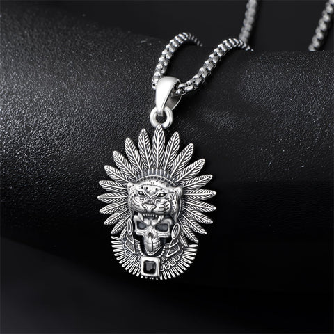Sterling Silver Mictlantecuhtli Quetzalcoatl Tezcatlipoca Skull Pendant Necklace Aztec Jewelry