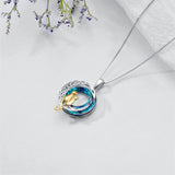 Sterling Silver Blue Circle Crystal Cat Pendant Necklace