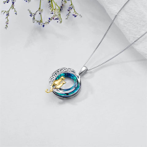 Sterling Silver Blue Circle Crystal Cat Pendant Necklace