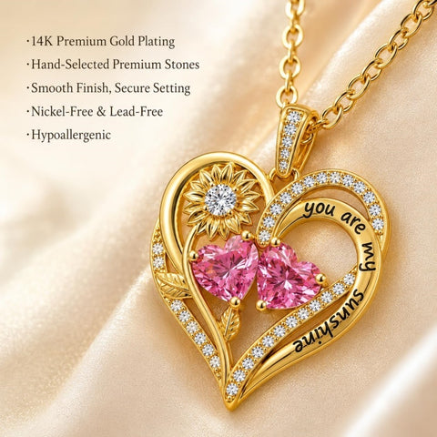 Double Birthstone Necklace 14K Gold Plated You Are My Sunshine Sunflower Necklace Heart Pendant Necklace