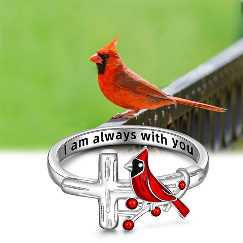 Cardinal Ring for Women Sterling Silver Feather Ring Angel Wing Ring Bird  Memory Rings Red Cardinals Jewelry
