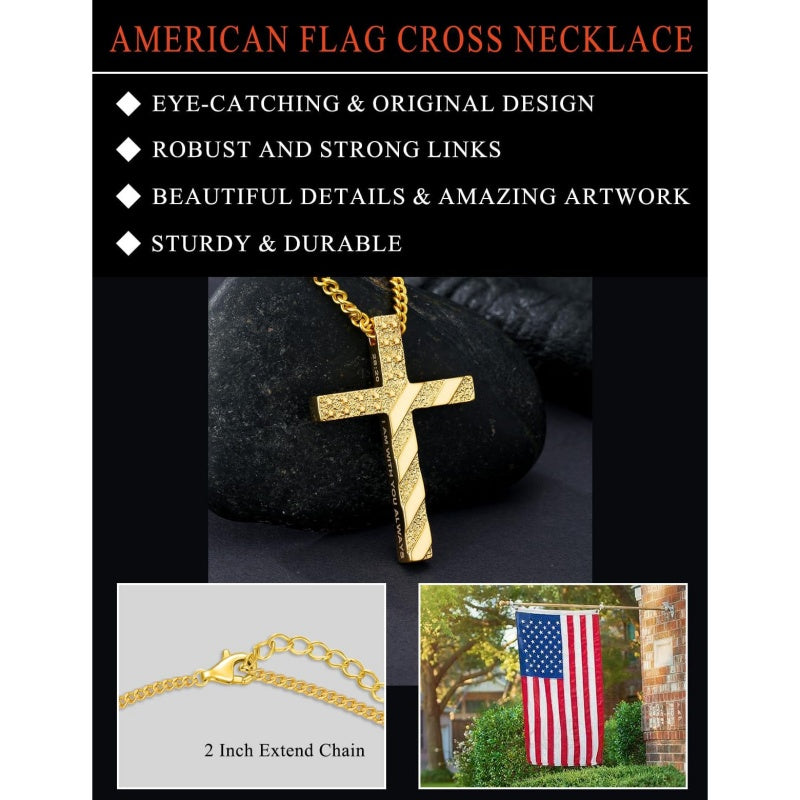 Bible Verse 14K Gold Plated American Flag Cross Necklace for Men