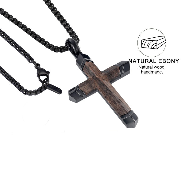 14K Gold  Plated Wooden Cross Crucifix Pendant Necklace for Men