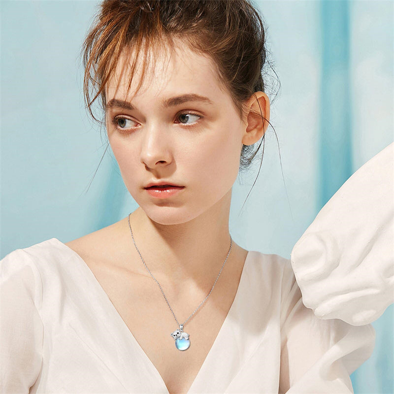 Sterling Silver Moonstone Fox Dolphin Axolotl Teddy Bear Hippo Raccoon Pendant Necklace for Women