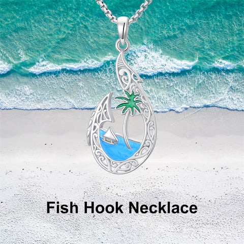 Sterling Silver Hawaiian Beach Fish Hook Pendant Necklace
