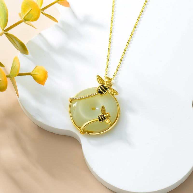 14K Gold Plated Natural Jade Hummingbird Cat Dragonfly Butterfly Bee Pendant Necklace for Women