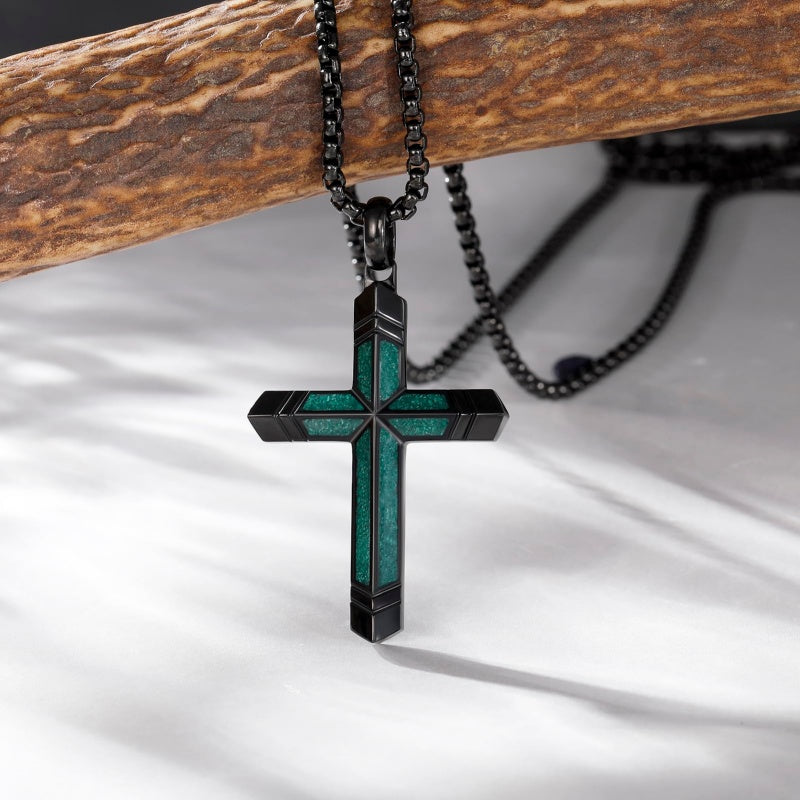 14K Gold Plated Turquoise Malachite Cross Necklace for Men Christianity Cross Jewelry