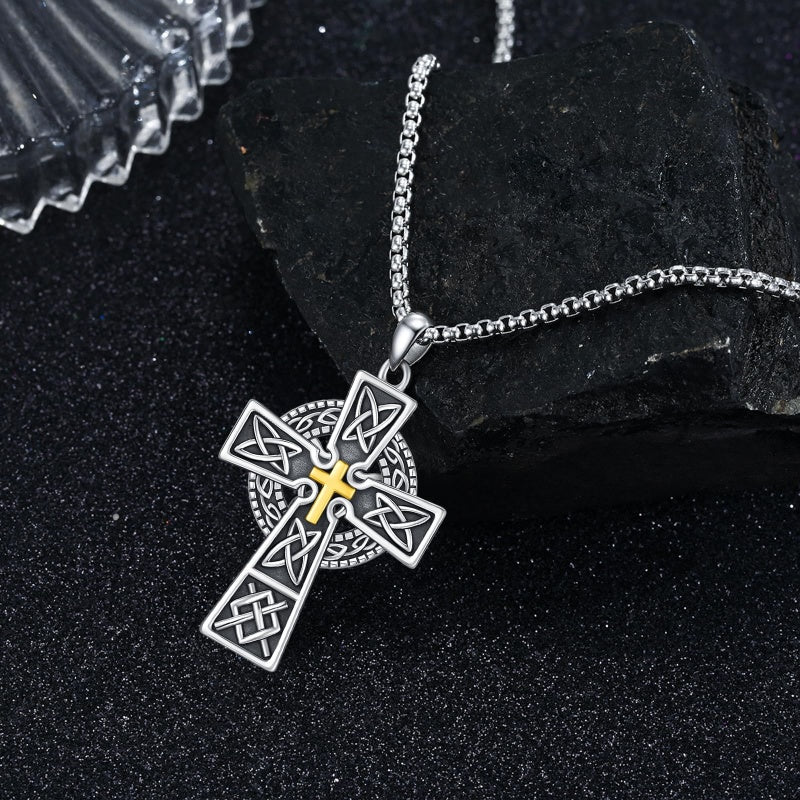 14K Gold Plated Celtic Vikin Cross Pendant Necklace Irish Jewelry Religious Protective Gift