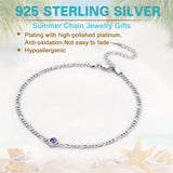 Figaro Anklets for Women, Sterling Silver Diamond Cut 3mm Link Chain Ankle Bracelet with Round Birthstone, Length 8.5"-10.5"