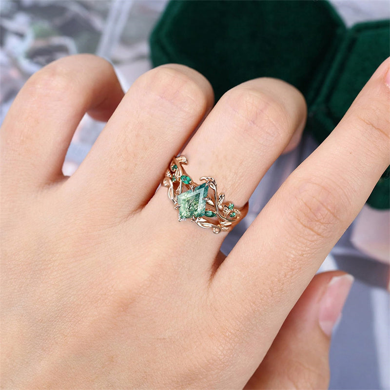 Sterling Silver 10K 14K 18K Gold Vintage Nature Moss Agate Engagement Ring Sets for Women