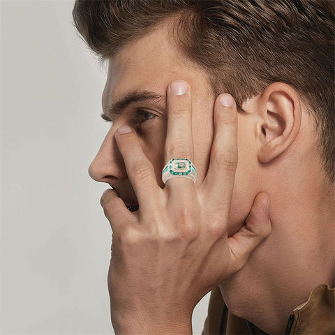 Sterling Silver 10K 14K 18K Gold Emerald Cut Gemstone Engagement Ring Wedding Anniversary Ring for Men
