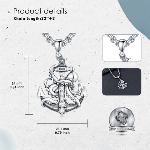 Sterling Silver Earth Swordfish Trident Compass Anchor Pendant Necklace