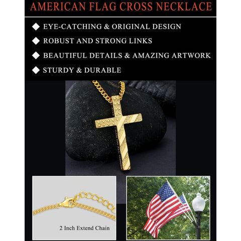 Bible Verse 14K Gold Plated American Flag Cross Necklace for Men