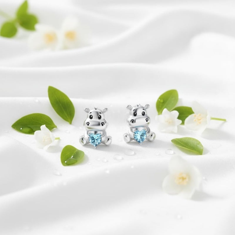 Sterling Silver Birthstone Otter Hippo Stud Earrings