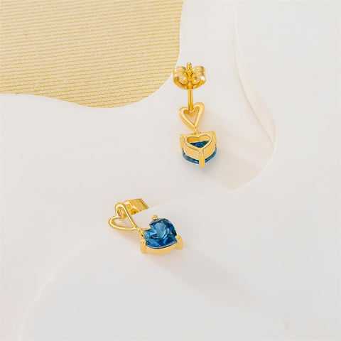 14K Solid Gold Natural London Blue Topaz Drop Earrings for Women 14K Real Gold 5MM heart Cut Genuine Blue Topaz Stud Earrings